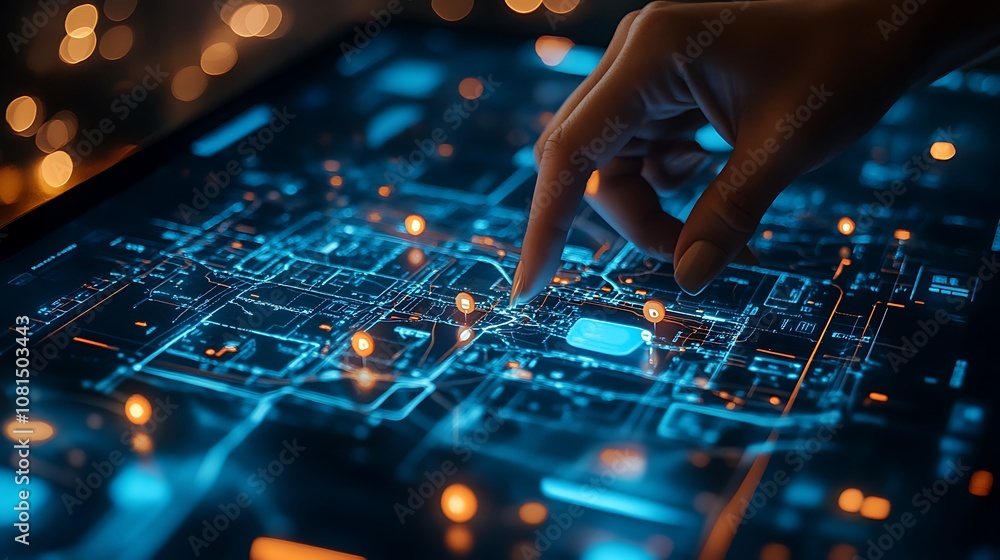 A person using AI technology to create an interact, Technology digital location map A person using AI technology to create an interact, Technology digital location map