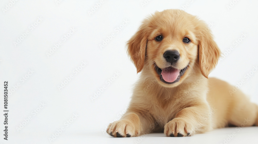 A cute dog puppy looks at camera simple white background with copy space. pet fashion portrait minimalism adorable wallpaper A cute dog puppy looks at camera simple white background with copy space. pet fashion portrait minimalism adorable wallpaper