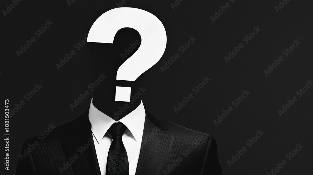 White question mark shaped like an elegant man’s head in profile, dressed in a black suit and tie, set against a solid color background White question mark shaped like an elegant man’s head in profile, dressed in a black suit and tie, set against a solid color background