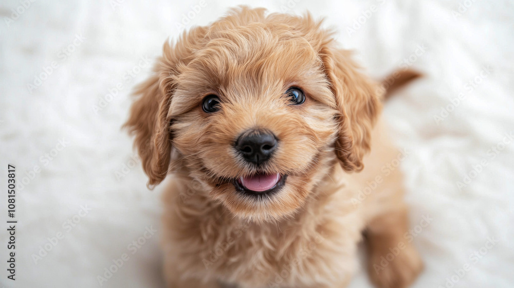 A cute dog puppy looks at camera simple white background with copy space. pet fashion portrait minimalism adorable wallpaper A cute dog puppy looks at camera simple white background with copy space. pet fashion portrait minimalism adorable wallpaper