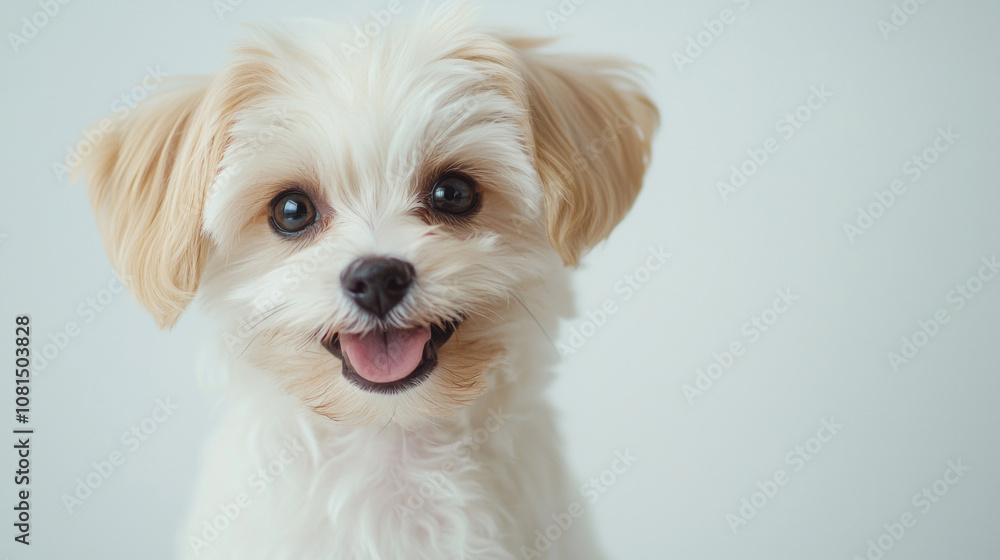A cute dog puppy looks at camera simple white background with copy space. pet fashion portrait minimalism adorable wallpaper A cute dog puppy looks at camera simple white background with copy space. pet fashion portrait minimalism adorable wallpaper