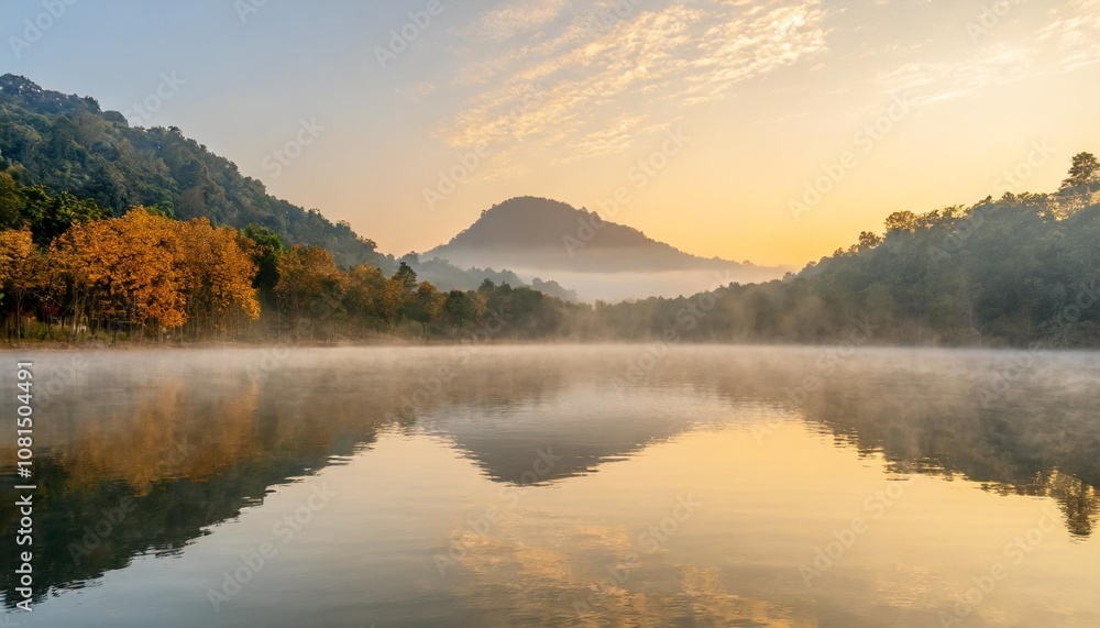 Fototapeta premium Peaceful Lake at Sunrise, With Mist Rising From the Water and a Lone Mountain Reflecting on the Calm Surface, Surrounded by Autumn Forests in Soft Morning Light