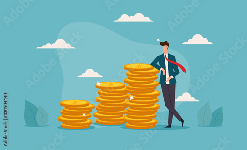 Businessman beside growing stacks of gold coins, showcasing financial success. Ideal for business presentations, finance articles, or investment concepts