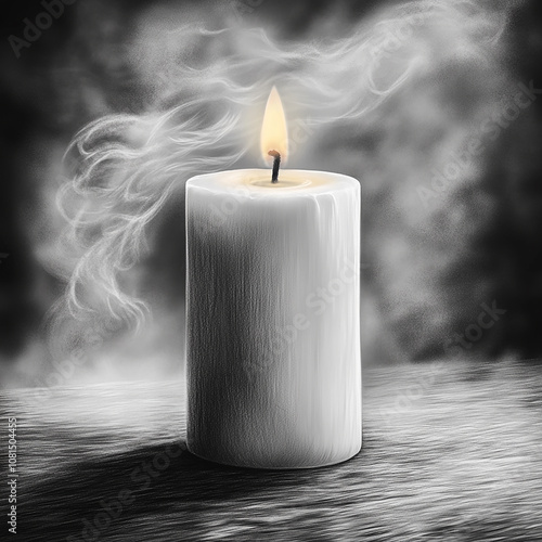 A single white candle burning with smoke rising against a dark background. photo