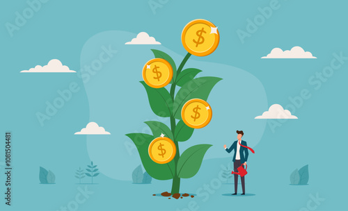 Financial or investment growth, increase earning profit and capital gain. A businessman takes care of a money plant symbolizing growth, investment, and financial success