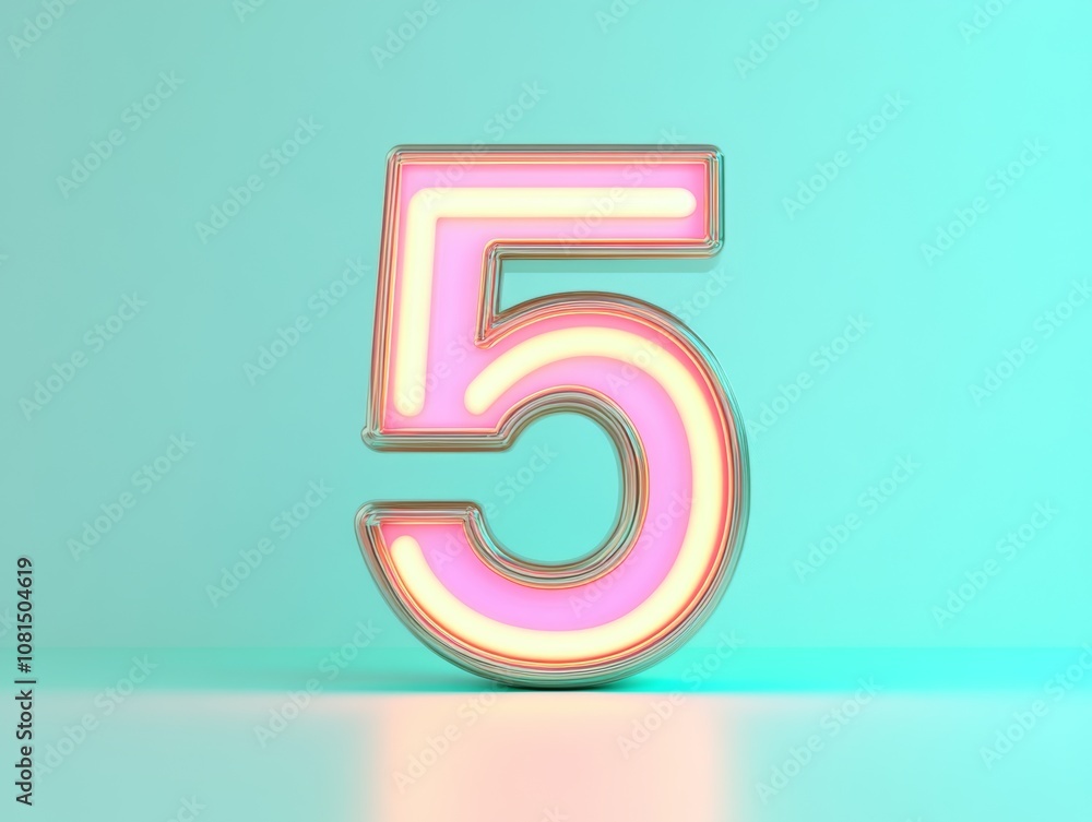 A stylized number 5 illuminated with neon colors against a soft background. A stylized number 5 illuminated with neon colors against a soft background.