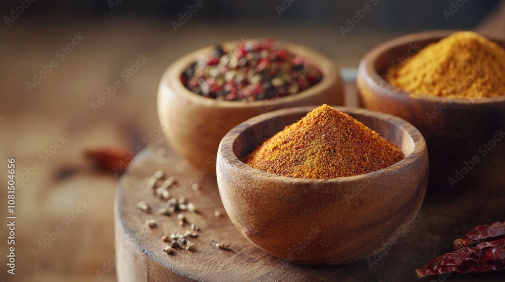 Assortment of ground spices in wooden bowls on a rustic table Assortment of ground spices in wooden bowls on a rustic table