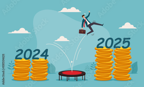 Businessman on trampoline jumps from 2024 to 2025 coins symbolizing increased wealth. Suitable for finance, investment, aspirations, motivation concepts