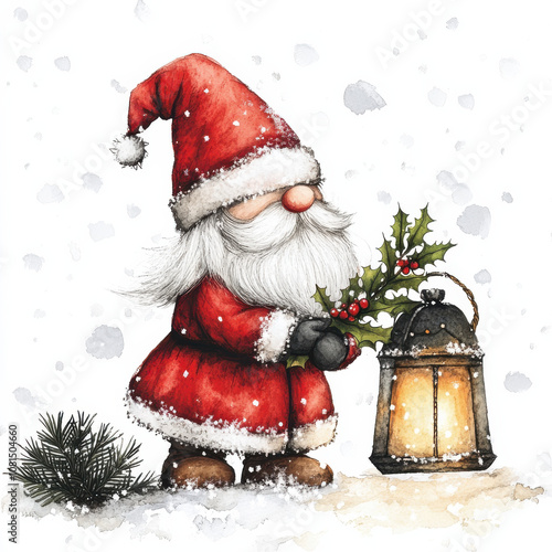 cheerful Santa Claus in red suit holds holly near lantern, surrounded by snow. festive scene captures spirit of Christmas