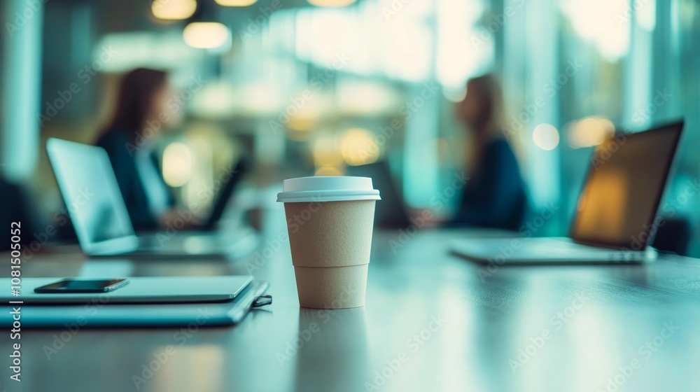 Coffee Cups and Laptops on Conference Table Coffee Cups and Laptops on Conference Table