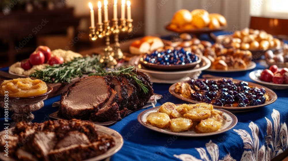 Naklejka premium Festive Hanukkah Feast with Traditional Foods 