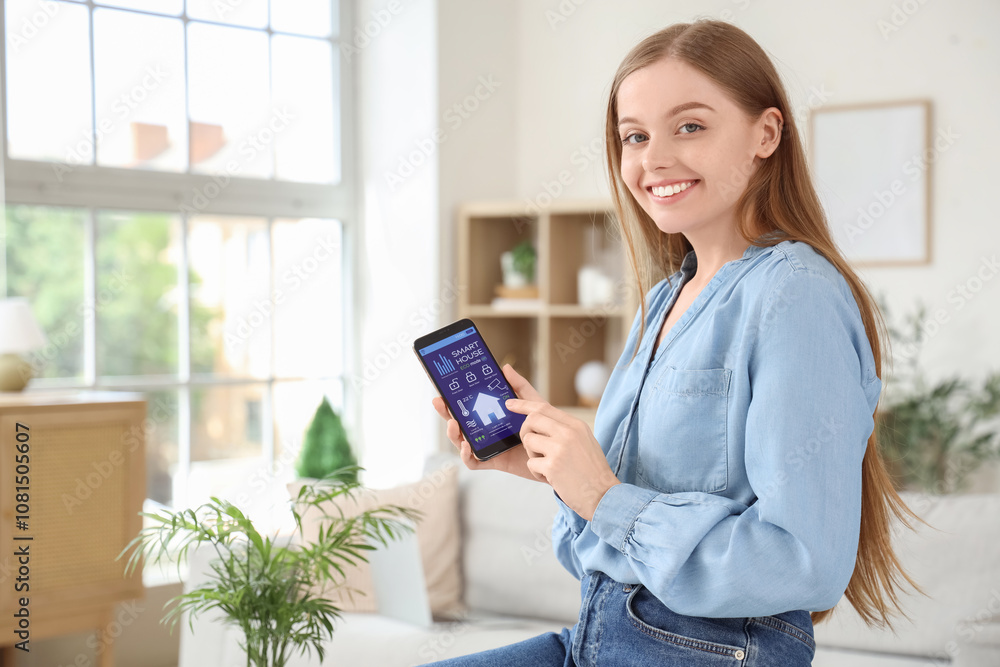 Young woman using mobile phone with smart home security system control panel in room Young woman using mobile phone with smart home security system control panel in room