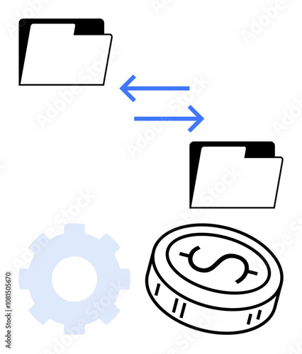 Folder icons connected by arrows illustrating data transfer, gear symbolizing settings, and coin indicating financial exchange. Ideal for finance, data exchange, settings, technology, automation