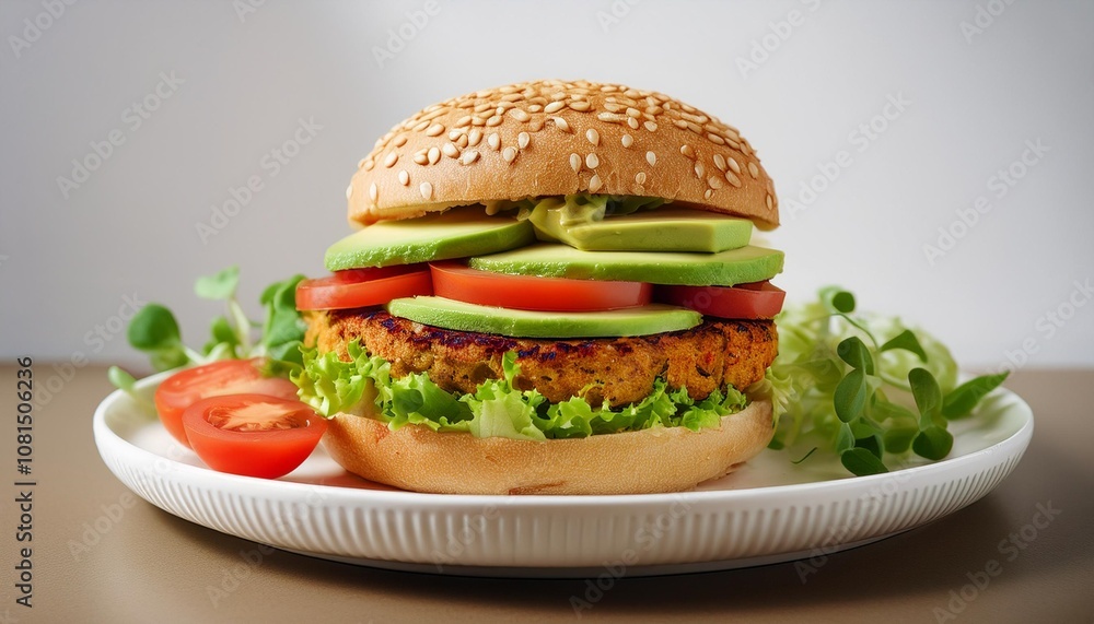 Bold Presentation of a Gluten-Free Vegan Burger on a Clean White Plate with Avocado, Lettuce, and Tomato, Captured in Crisp Detail with a Minimalist Background Bold Presentation of a Gluten-Free Vegan Burger on a Clean White Plate with Avocado, Lettuce, and Tomato, Captured in Crisp Detail with a Minimalist Background