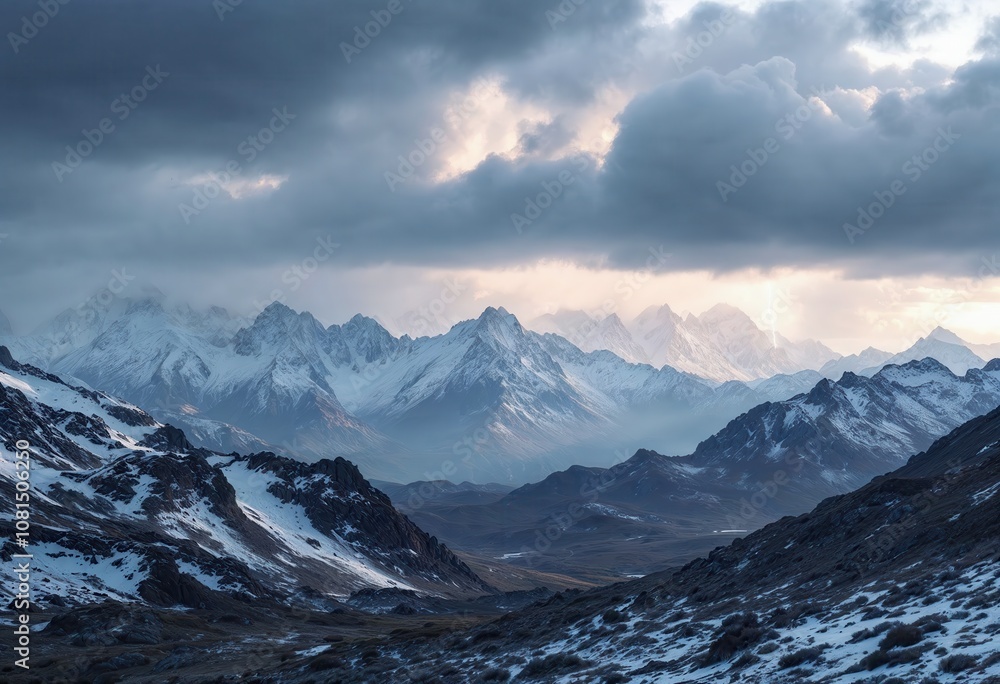 Dramatic Stormy Mountain Landscape With Snow-Capped Peaks Dramatic Stormy Mountain Landscape With Snow-Capped Peaks