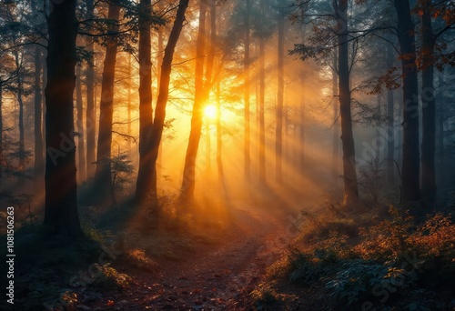 Magical Sunrise Through Misty Forest with Sunbeams