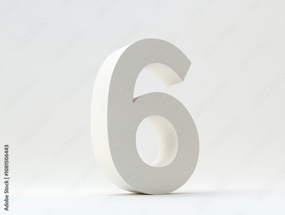 A three-dimensional white number six on a light background. A three-dimensional white number six on a light background.