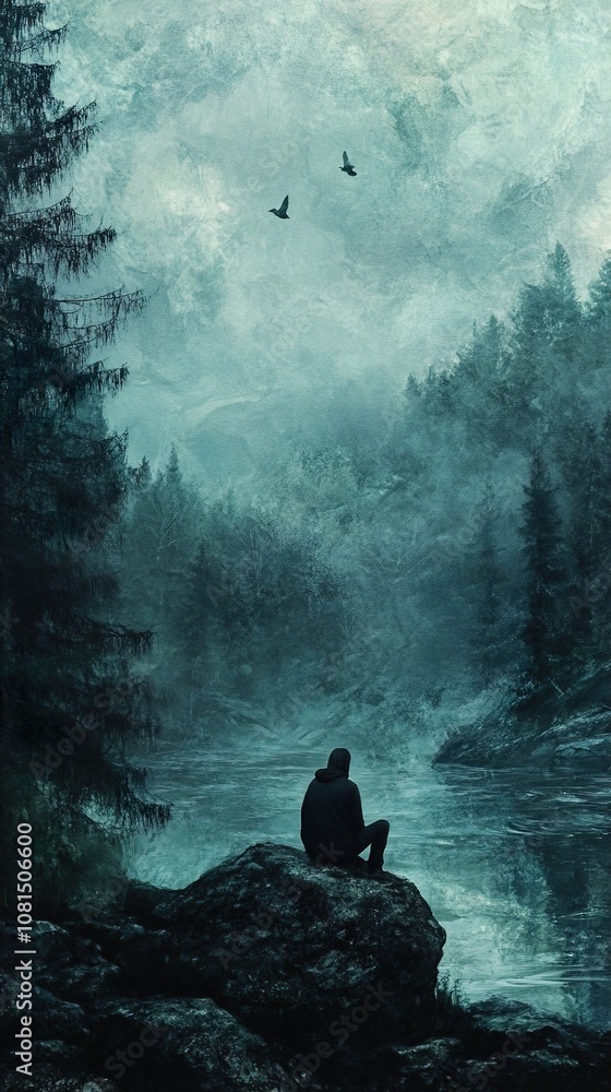 Solitude in the Misty Forest: A Man Contemplates Nature's Tranquility Solitude in the Misty Forest: A Man Contemplates Nature's Tranquility