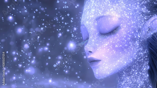 serene alien figure with glowing aura, surrounded by sparkling particles, evokes sense of tranquility and wonder