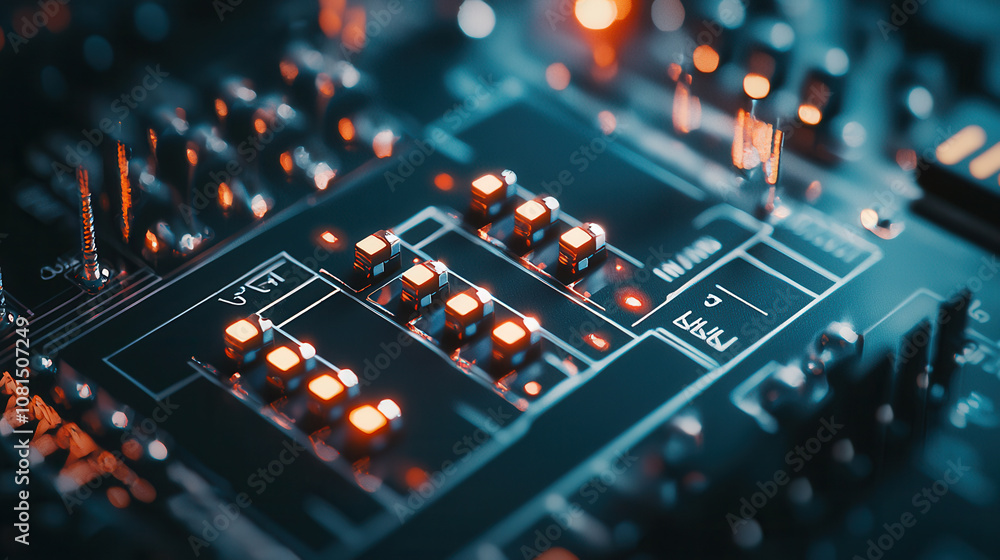 High tech circuit board with glowing components and intricate details, showcasing modern technology and innovation High tech circuit board with glowing components and intricate details, showcasing modern technology and innovation