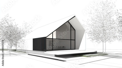 3D model of a modern gable roof house, minimalist style, sleek black tiles, natural surroundings, 