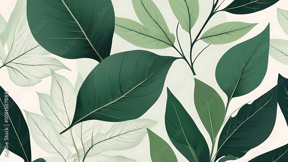 Seamless Digital Illustration of Tropical Leaves Pattern in Various Shades of Green on Beige Background Seamless Digital Illustration of Tropical Leaves Pattern in Various Shades of Green on Beige Background