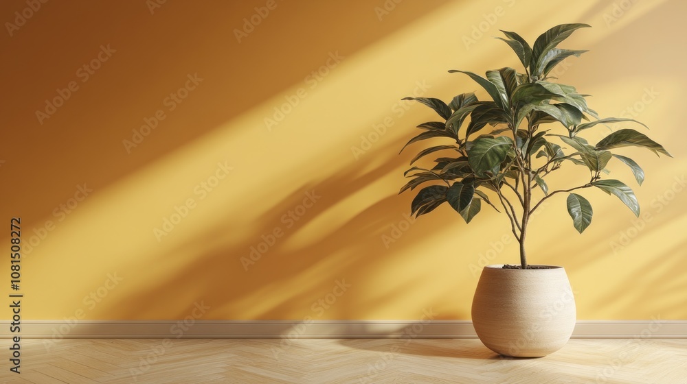 A potted plant against a vibrant yellow wall, casting shadows. A potted plant against a vibrant yellow wall, casting shadows.