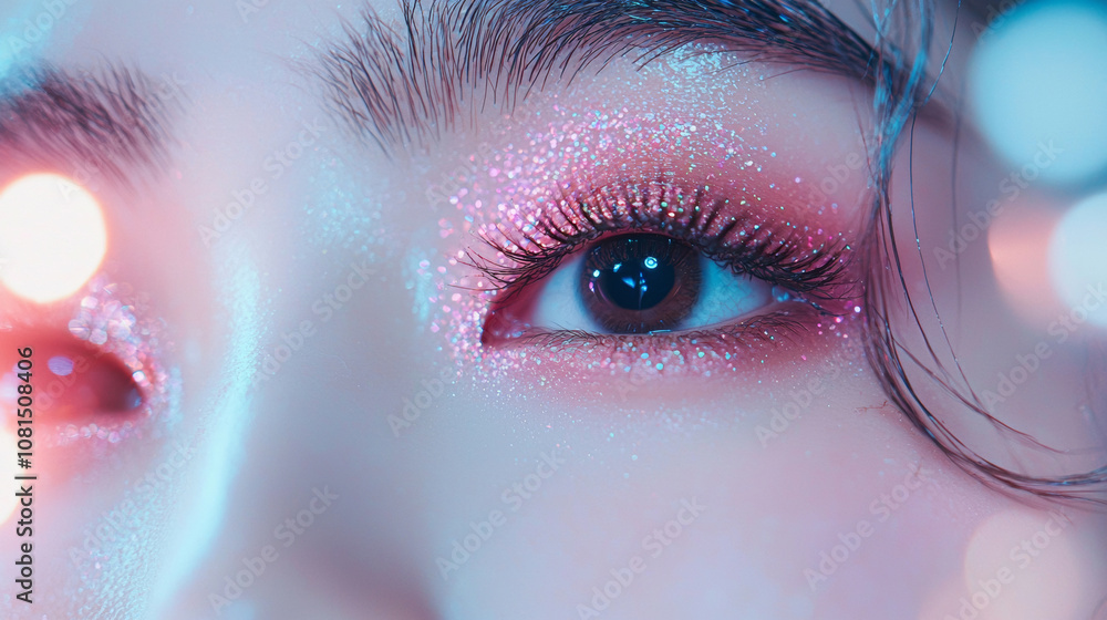 Beautiful young asian woman with long eyelashes extensions pink glitter eyeshadow makeup red lips fashion closeup background. cosmetic beauty product spa salon banner poster wallpaper Beautiful young asian woman with long eyelashes extensions pink glitter eyeshadow makeup red lips fashion closeup background. cosmetic beauty product spa salon banner poster wallpaper