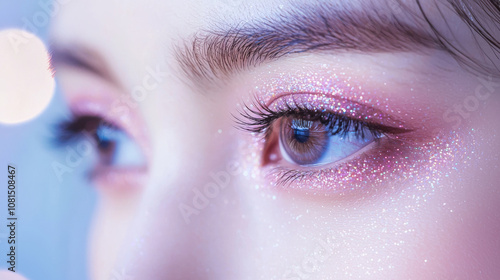 Beautiful young asian woman with long eyelashes extensions pink glitter eyeshadow makeup red lips fashion closeup background. cosmetic beauty product spa salon banner poster wallpaper 