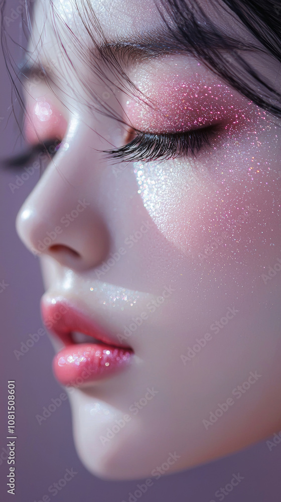 Beautiful young asian woman with long eyelashes extensions pink glitter eyeshadow makeup red lips fashion closeup background. cosmetic beauty product spa salon banner poster wallpaper Beautiful young asian woman with long eyelashes extensions pink glitter eyeshadow makeup red lips fashion closeup background. cosmetic beauty product spa salon banner poster wallpaper