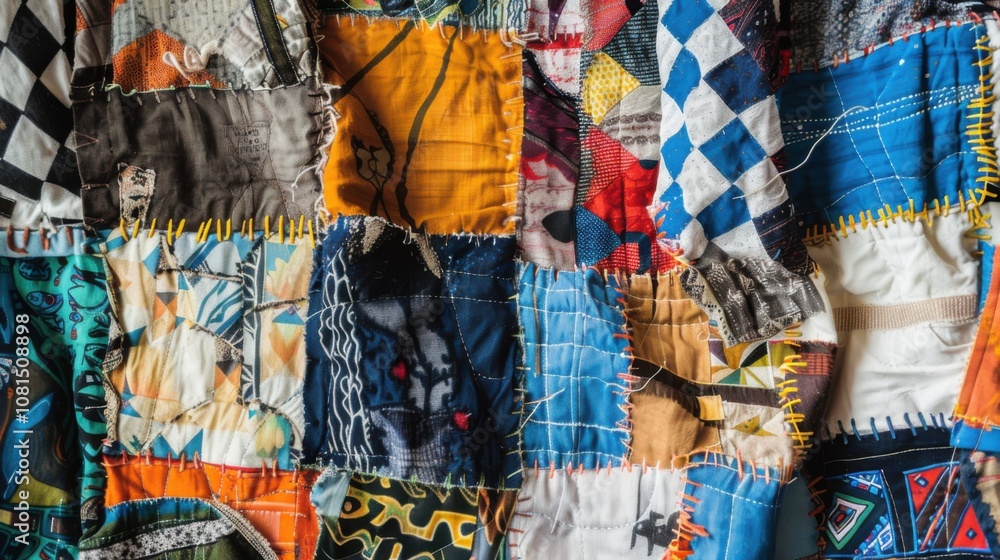 A quilt of belonging, showcasing patches of different fabrics and textures sewn together against a monochromatic backdrop, photography style A quilt of belonging, showcasing patches of different fabrics and textures sewn together against a monochromatic backdrop, photography style