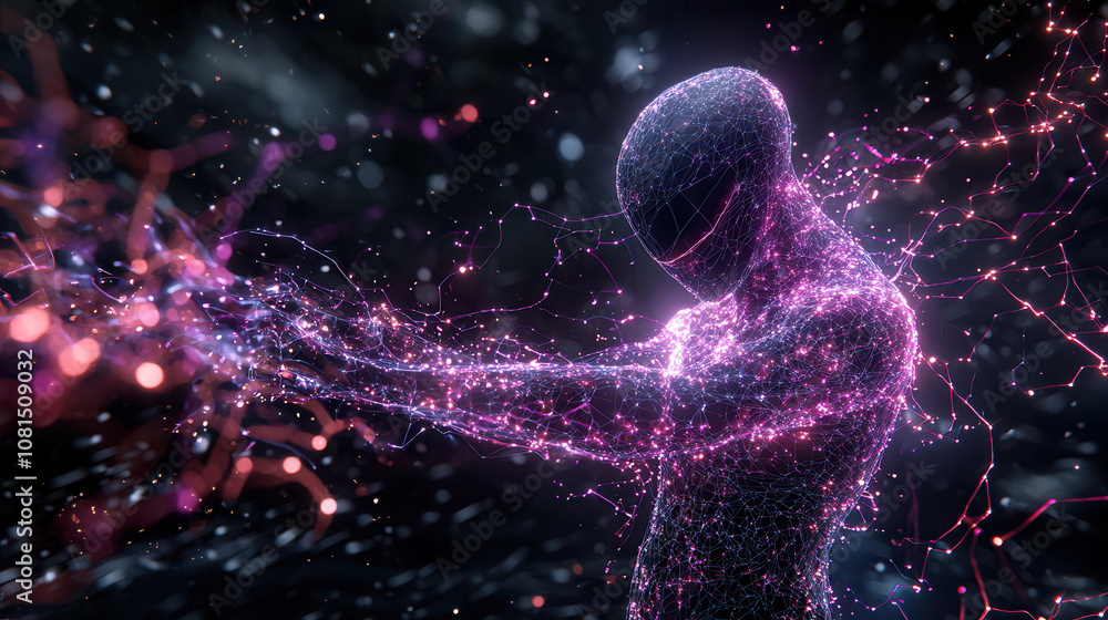 majestic alien figure with nebula like aura, radiating energy and light. intricate network of glowing lines creates mesmerizing visual effect majestic alien figure with nebula like aura, radiating energy and light. intricate network of glowing lines creates mesmerizing visual effect
