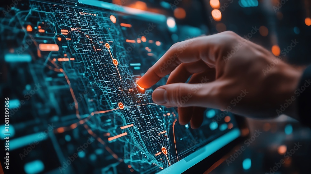 A person using AI technology to create an interact, Technology digital location map A person using AI technology to create an interact, Technology digital location map