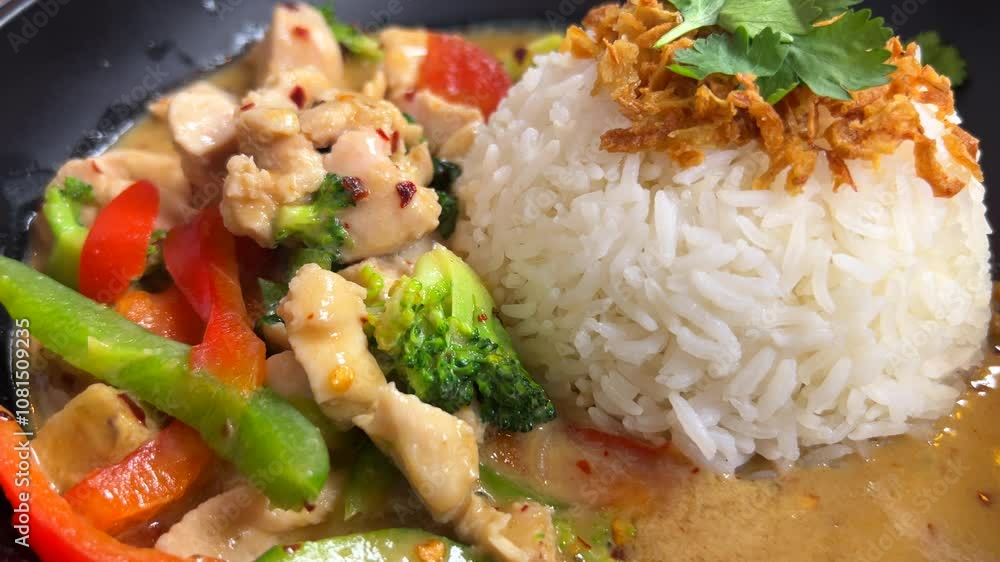 Traditional Thai green curry chicken dish with vegetables, crispy fried onion and rice, Thai cuisine restaurant, 4K shot