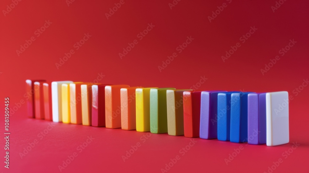 Obraz premium A row of colorful dominoes standing on a solid red background representing diversity and interdependence, Highlighting the chain reaction created by diverse individuals, minimalistic style