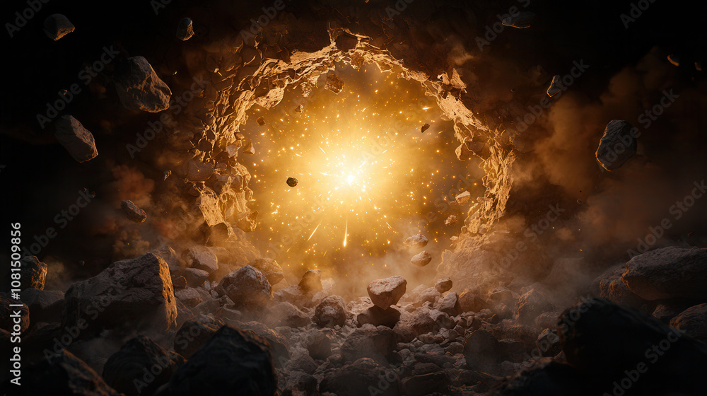 Explosion of rocks creating bright light in dark cavern, showcasing power of nature forces. scene captures dynamic energy and chaos of moment Explosion of rocks creating bright light in dark cavern, showcasing power of nature forces. scene captures dynamic energy and chaos of moment