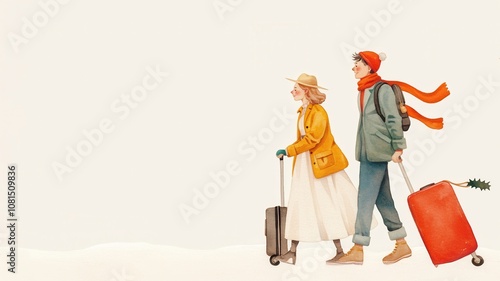 Christmas homecoming, couple with luggage ready for flight back to homeland