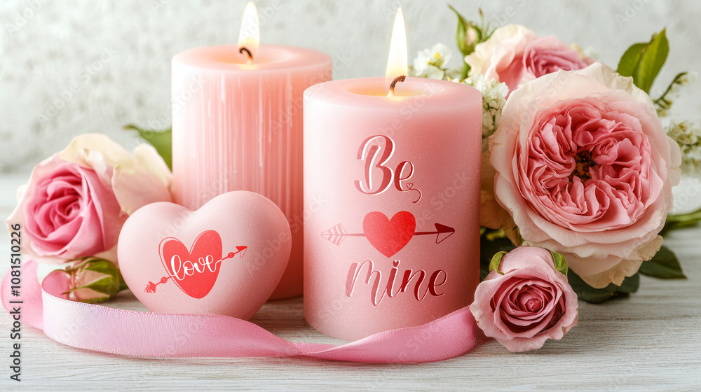 Romantic Pink Candles and Flowers Arrangement for Valentine's Day Celebration with Heart Shaped Decoration and Sweet Message of Love and Affection Romantic Pink Candles and Flowers Arrangement for Valentine's Day Celebration with Heart Shaped Decoration and Sweet Message of Love and Affection