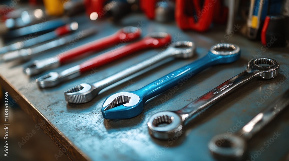 Closeup of a set of wrenches on a workbench. Closeup of a set of wrenches on a workbench.