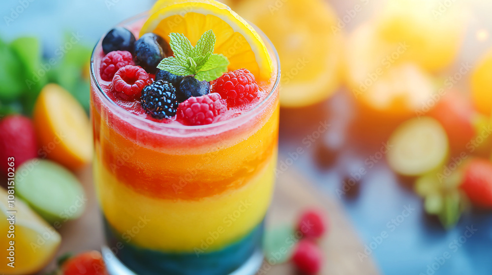Colorful Layered Fruit Smoothie with Fresh Berries and Mint Garnish for Refreshing Summer Drink Experience in Bright Natural Light Colorful Layered Fruit Smoothie with Fresh Berries and Mint Garnish for Refreshing Summer Drink Experience in Bright Natural Light
