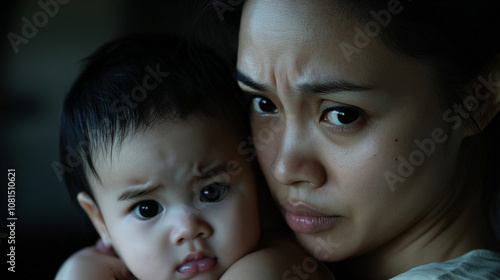 mother holding baby, both displaying serious expressions, conveying deep emotions. bond between them is evident in their gaze photo