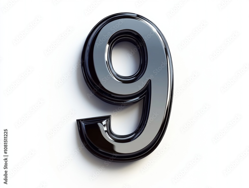 A glossy, three-dimensional number 9 rendered in black. A glossy, three-dimensional number 9 rendered in black.