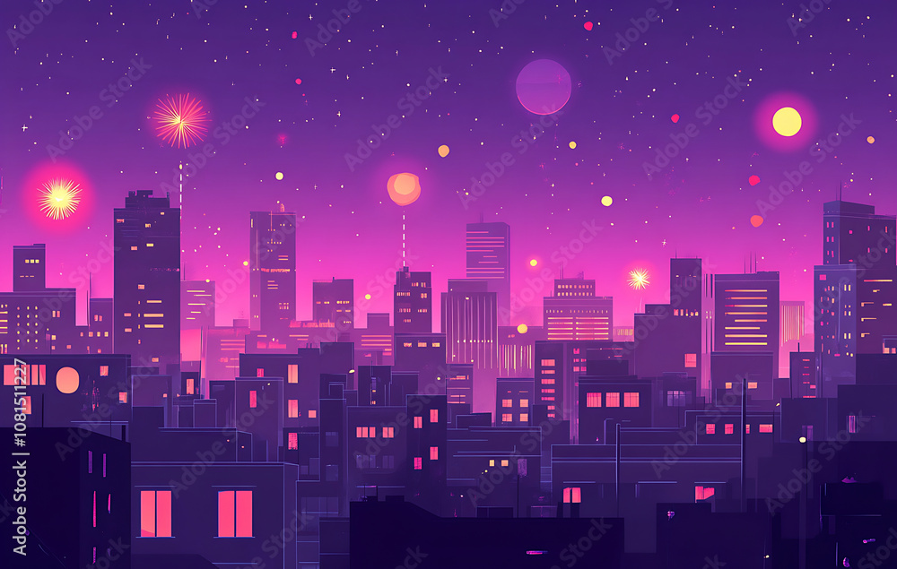 Spectacular New Year’s Eve fireworks display over a city skyline with vibrant colors and festive atmosphere
