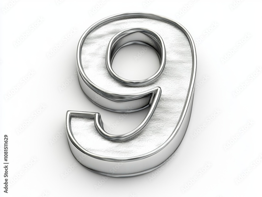 A shiny, metallic number 9 rendered in 3D. A shiny, metallic number 9 rendered in 3D.