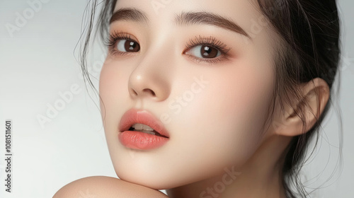 Beautiful young asian woman with long eyelashes extensions eyeshadow clean natural makeup red lips fashion closeup background. cosmetic beauty product spa salon banner poster wallpaper 