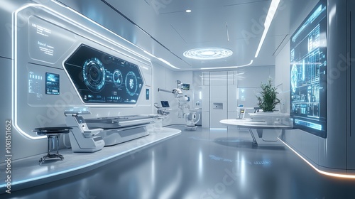 Futuristic medical examination room with high-tech equipment, screens, and a robotic arm.