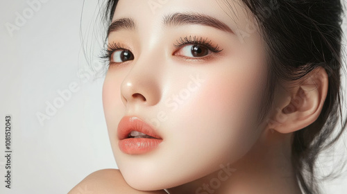 Beautiful young asian woman with long eyelashes extensions eyeshadow clean natural makeup red lips fashion closeup background. cosmetic beauty product spa salon banner poster wallpaper 