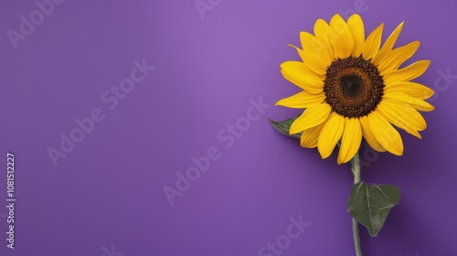 A single bright yellow sunflower on a solid purple background symbolizing diversity and growth, Highlighting the potential and beauty in diverse environments, minimalistic style