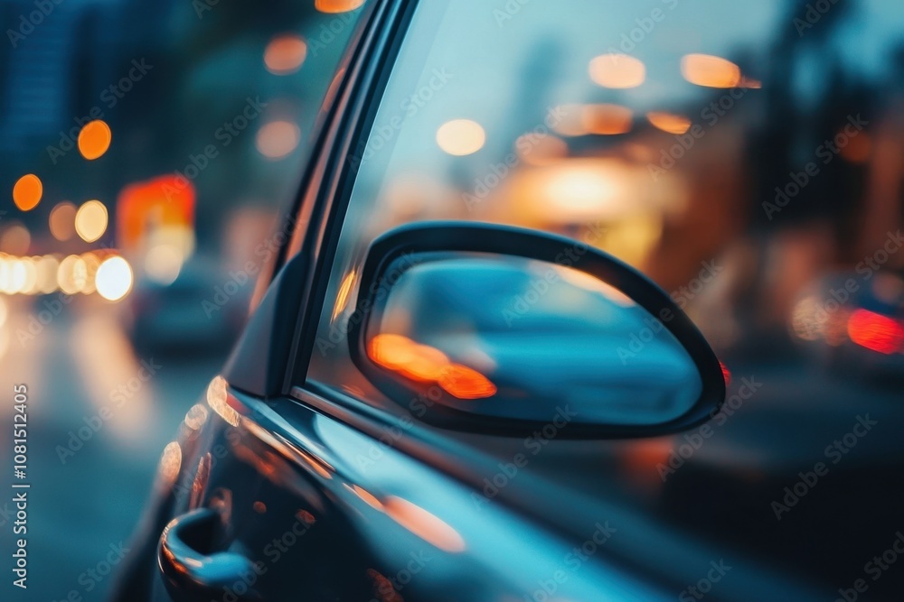 A car's side mirror reflects city lights at night. A car's side mirror reflects city lights at night.