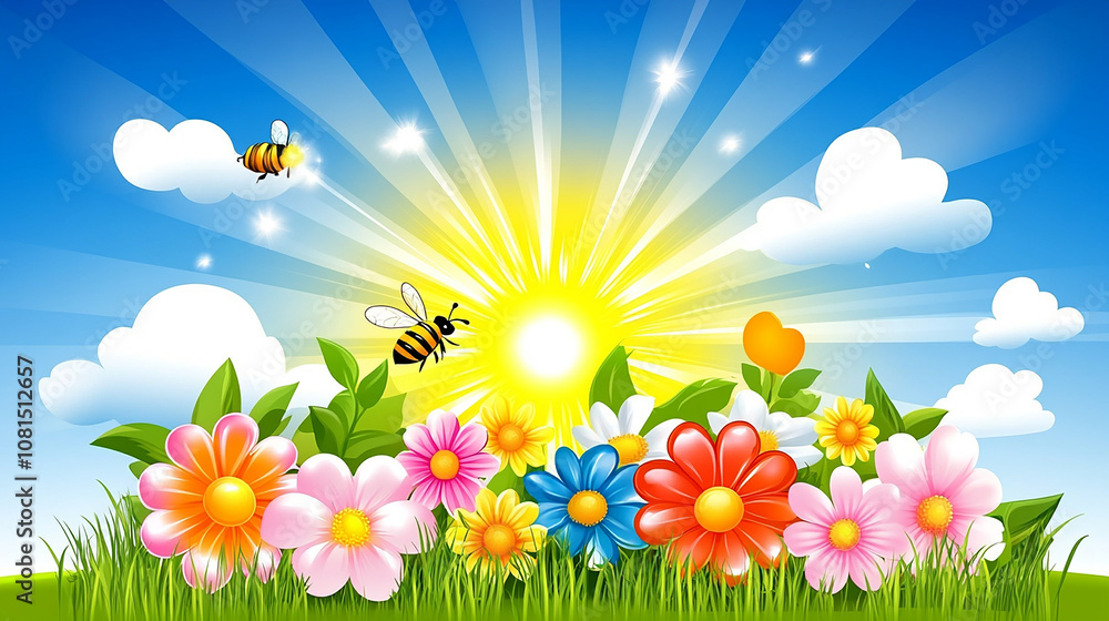 A sunny day with a bright sun, clouds, bees, and a field of colorful flowers. A sunny day with a bright sun, clouds, bees, and a field of colorful flowers.